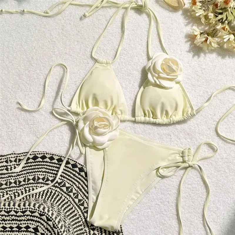 Dwuczęściowy kostium kąpielowy bikini 3D Flower dla kobiet 2024 Nowy sznurowany kostium kąpielowy dla kobiet Oddzielny kostium kąpielowy Bandeau