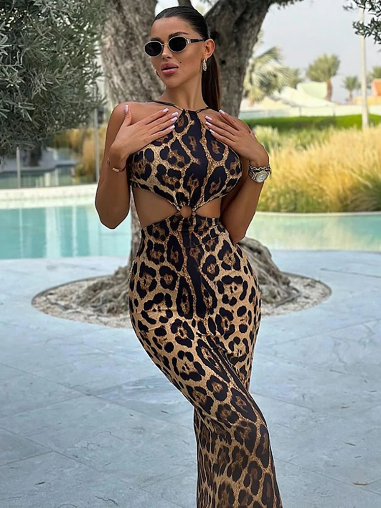 JULISSA MO Sexy Hollow Out Print Leopard Halter Women Maxi Dress Backless High Waist Dress Female Autumn Elegant Party Clubwear