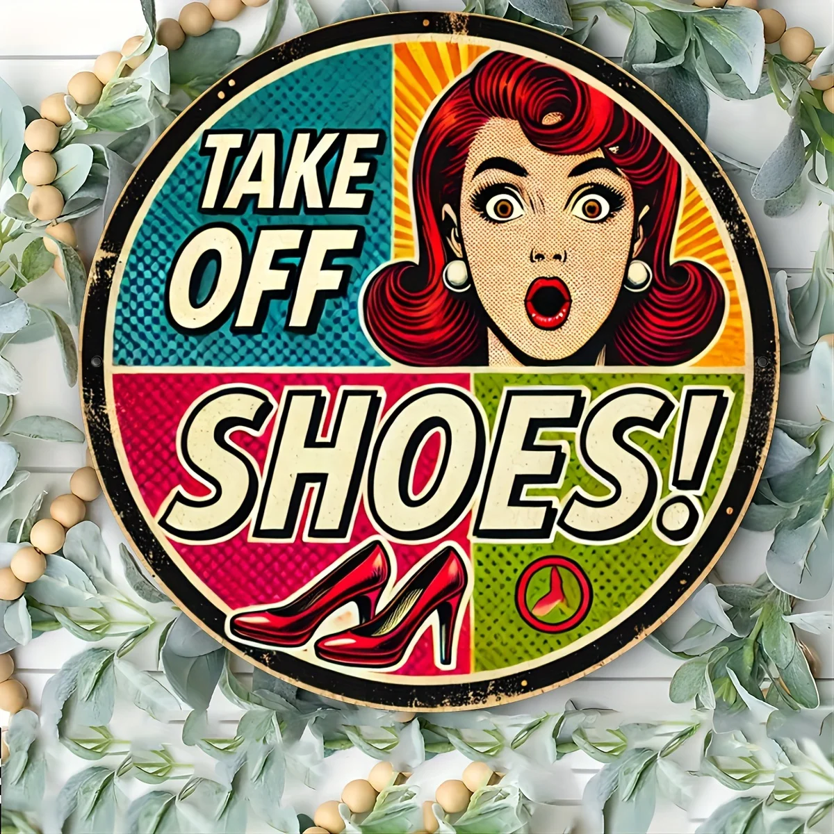 Vintage-Wandschild „Take Off Shoes“ aus Aluminium – 7,8 x 7,8 Zoll runde Metalldekoration für Garage, Restaurant, Kaffeebar und Wohnzimmer
