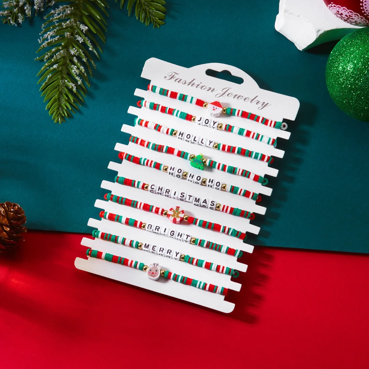 10 Stück/Set Mehrsträngiges Weihnachtsarmband, Geschenkbox mit Weihnachtsmann-Motiv, Lebkuchen-Buchstaben, weiches Tonarmband mit Perlen für Damen und Herren, Schmuck