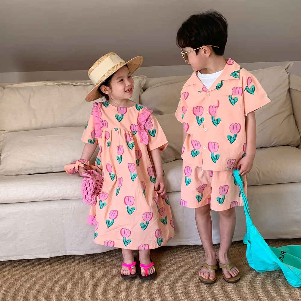 2024 Summer Brother Sister Outfits Kid Boy Tulip Print Short Sleeves Shirt + Shorts 2pcs Girl Baby Sweet Flower Princess Dress