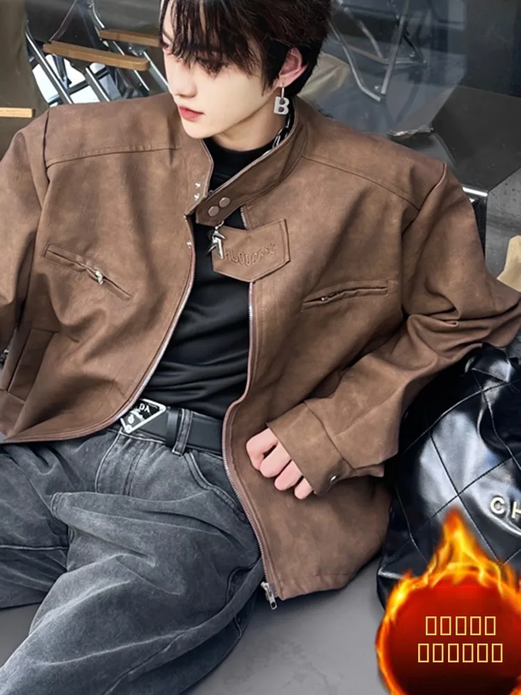 

Утепленная хлопковая куртка из кожи с вставками, мужская, осенне-зимняя, в американском ретро-стиле, новинка 2024 года, функциональная, стильная, с воротником-стойкой