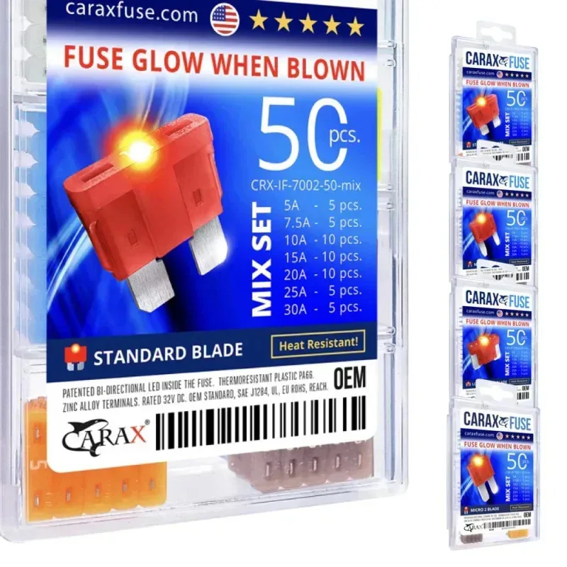 

RPD4-CARAX Glow Fuse/Regular Blade ATC/ATO/ATS–50 pcs.Assortment Kit–Glow When Blown LED Automotive Fuse–Smart Auto Glow Fuse$X