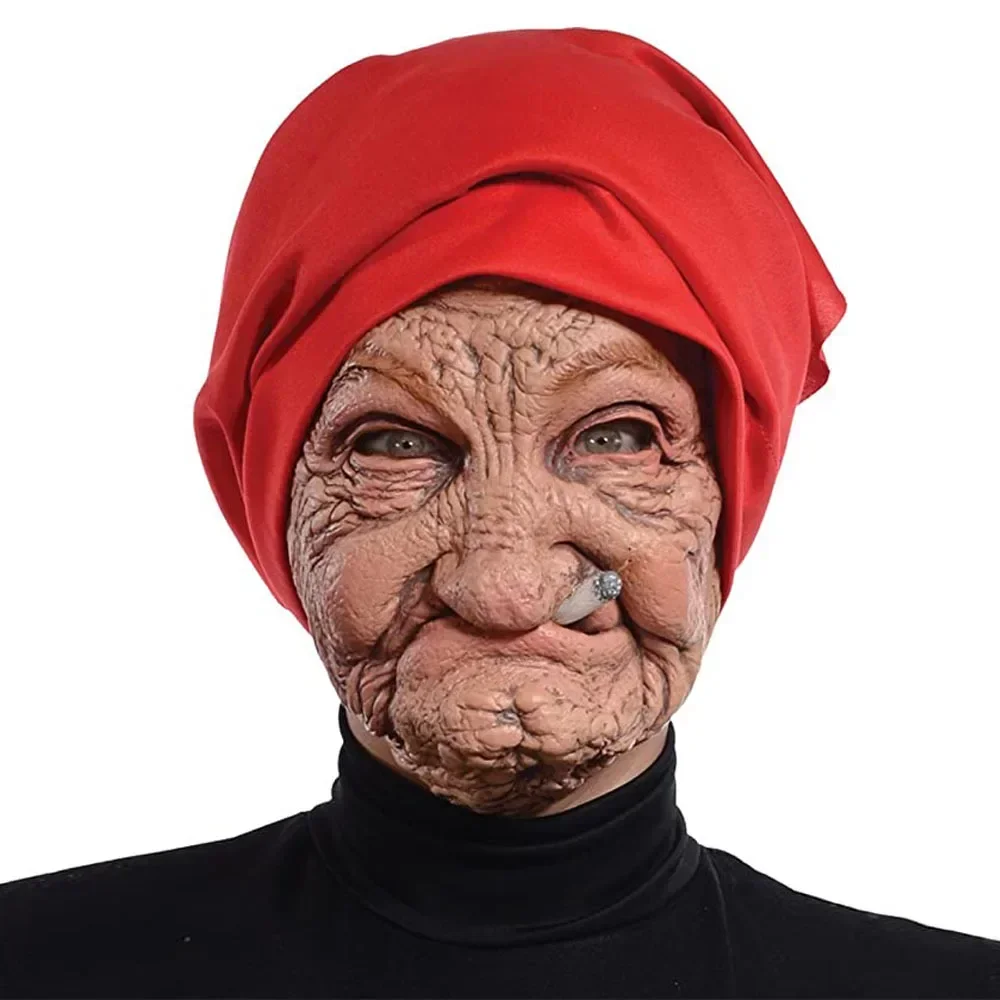 Funny Smoking Granny Old Nana Latex Mask Lady Grandma With Wrinkled Face and Red Scarf Masks Family Party Costume Props