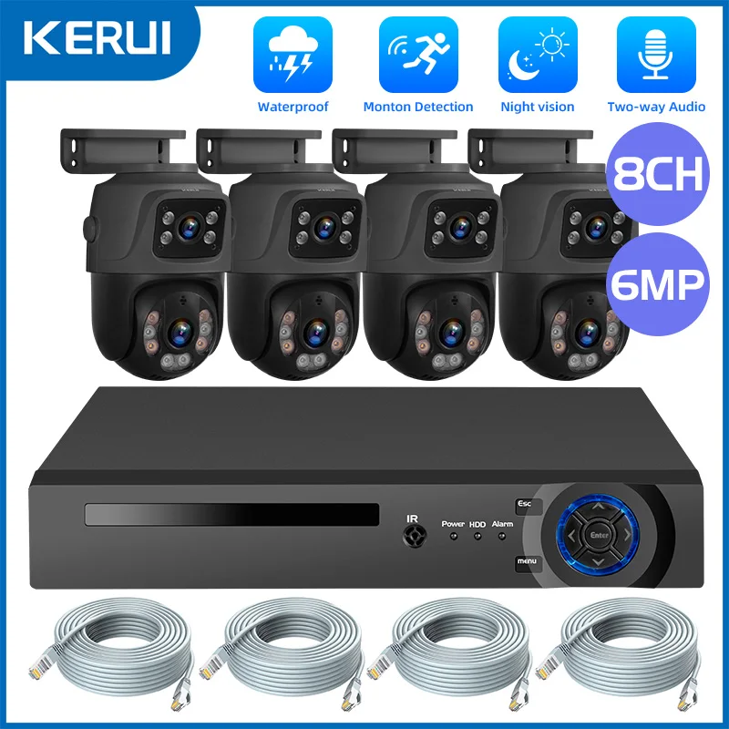 kerui home security camera system dual lens camera ip ao ar livre video surveillance kit nvr cctv deteccao humana hd poe 8ch 6mp 01