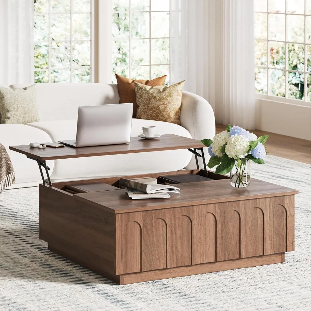 Mesa de centro elevable con almacenamiento, mesa de centro moderna con diseño arqueado, mesa de té cuadrada de 31,5" con veta de madera
