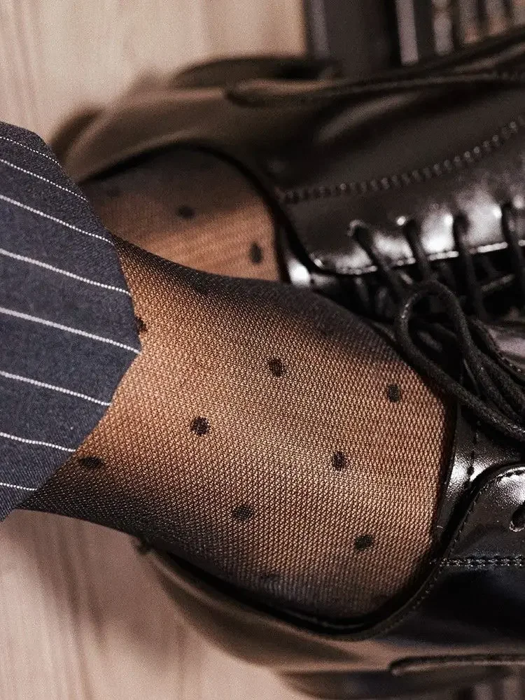 2024 New Men\'s Stockings Sexy Black Nylon Polka Dot Business Suit Dress Socks for Men Exotic Bar Gift Transparent Sheer Socks