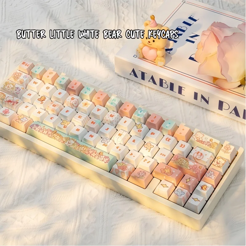 

Колпачки для клавиш с маслом и медвежонком, милые матовые сенсорные 140 клавиш, высота вишни, пятисторонняя термосублимация, материал PBT, не прозрачный