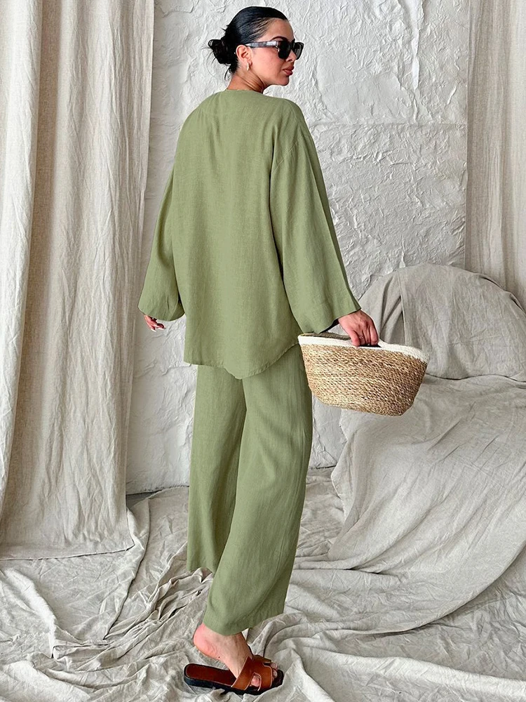 Jyate Green Cotton And Linen Suit V-neck Lace Long-sleeve Trousers Casual 2-piece Suit 2024 Autumn Fashion New Women Outfits