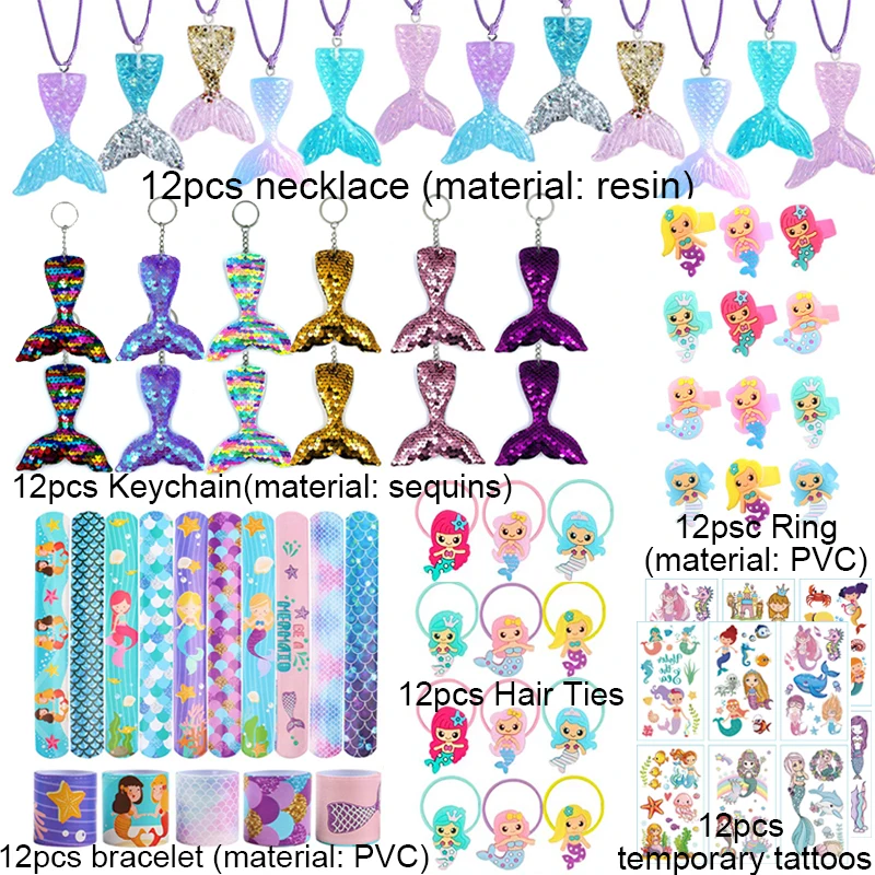 72pcs/36pcs Mermaid Party Favors Girls Birthday Pinata Filler Christmas Wedding Gifts Mermaid Bracelet Keychain Necklace Toys