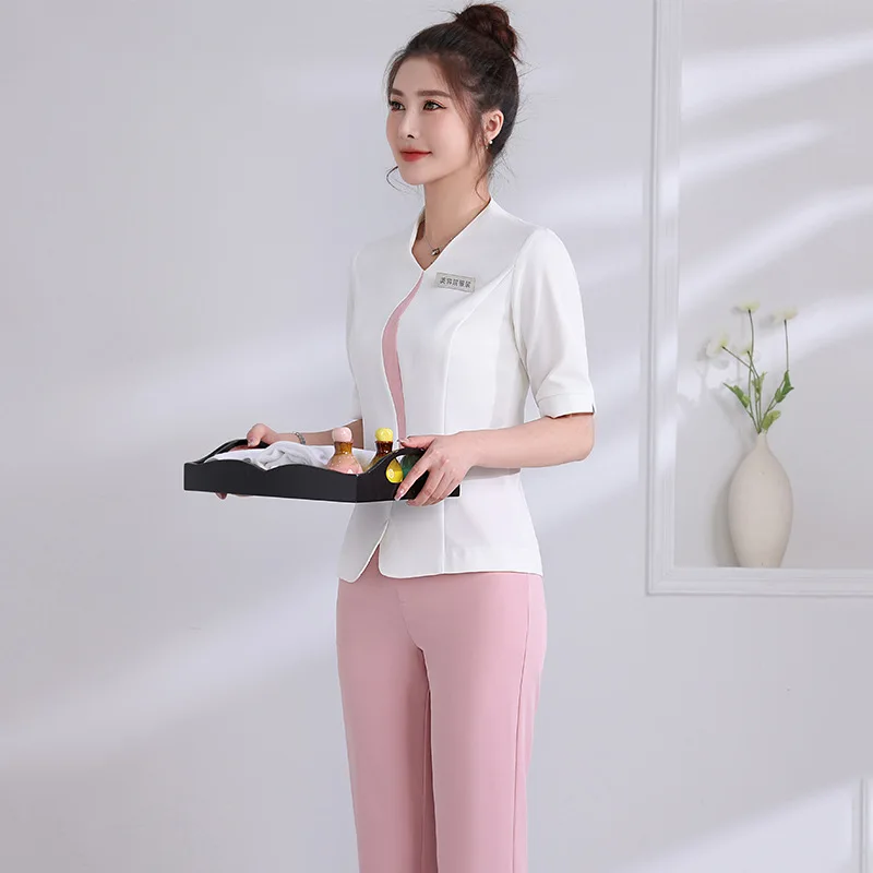 Korean Esthetic Uniform Summer Short Sleeve Beauty Salon Beautician Clothing Women's Receptionist Suit Spa Hotel Massage Workwea