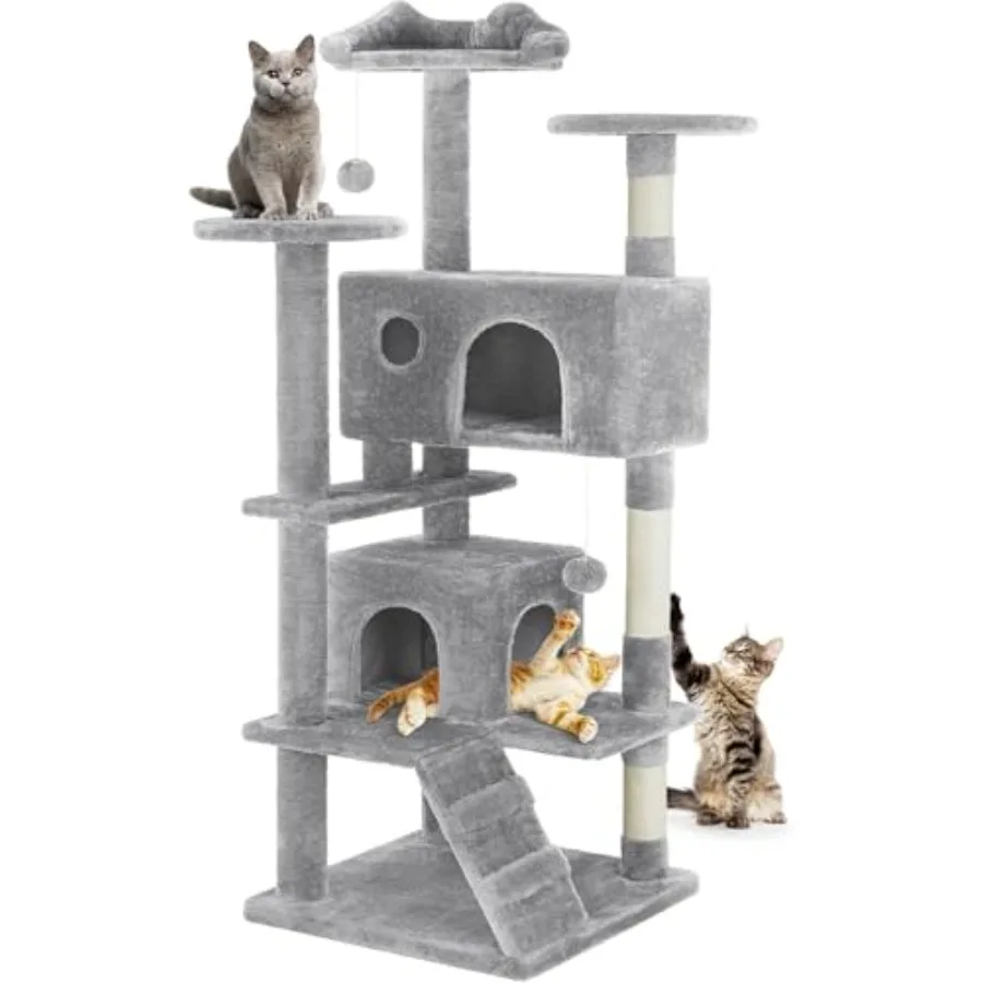 

54 Inches Multi-Level Cat Tree Tower with Scratching Post for Indoor Cats Light Gray Sisal Rope Cat Condo Activity Center Indoo