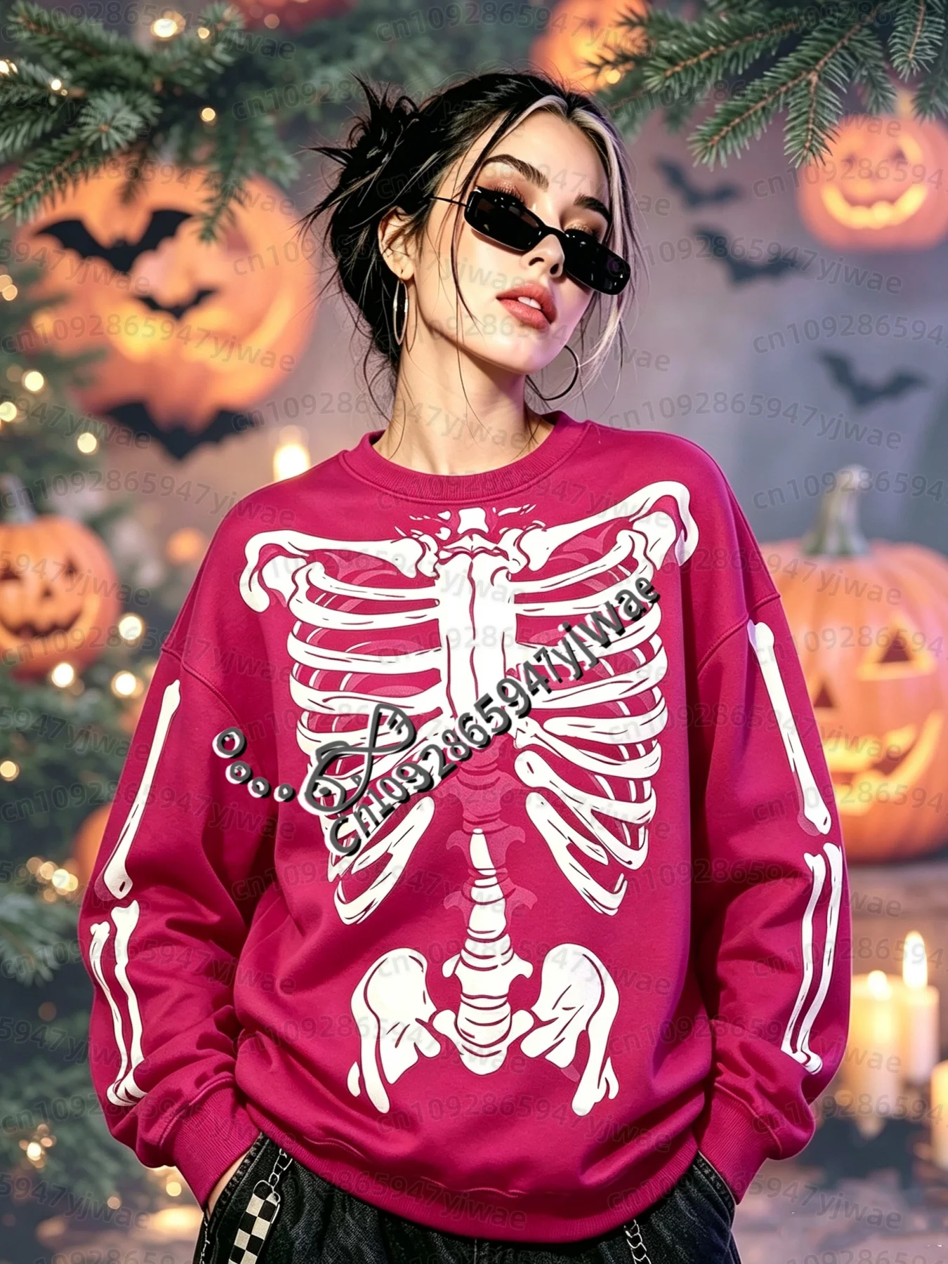 26 Damen Grunge Y2k Oberteile Mädchen Y2k Sweatshirt Goth Damen Hoodies Halloween Cosplay Skelett Knochen Vintage O-Neck Sweatshirt – Detail 12