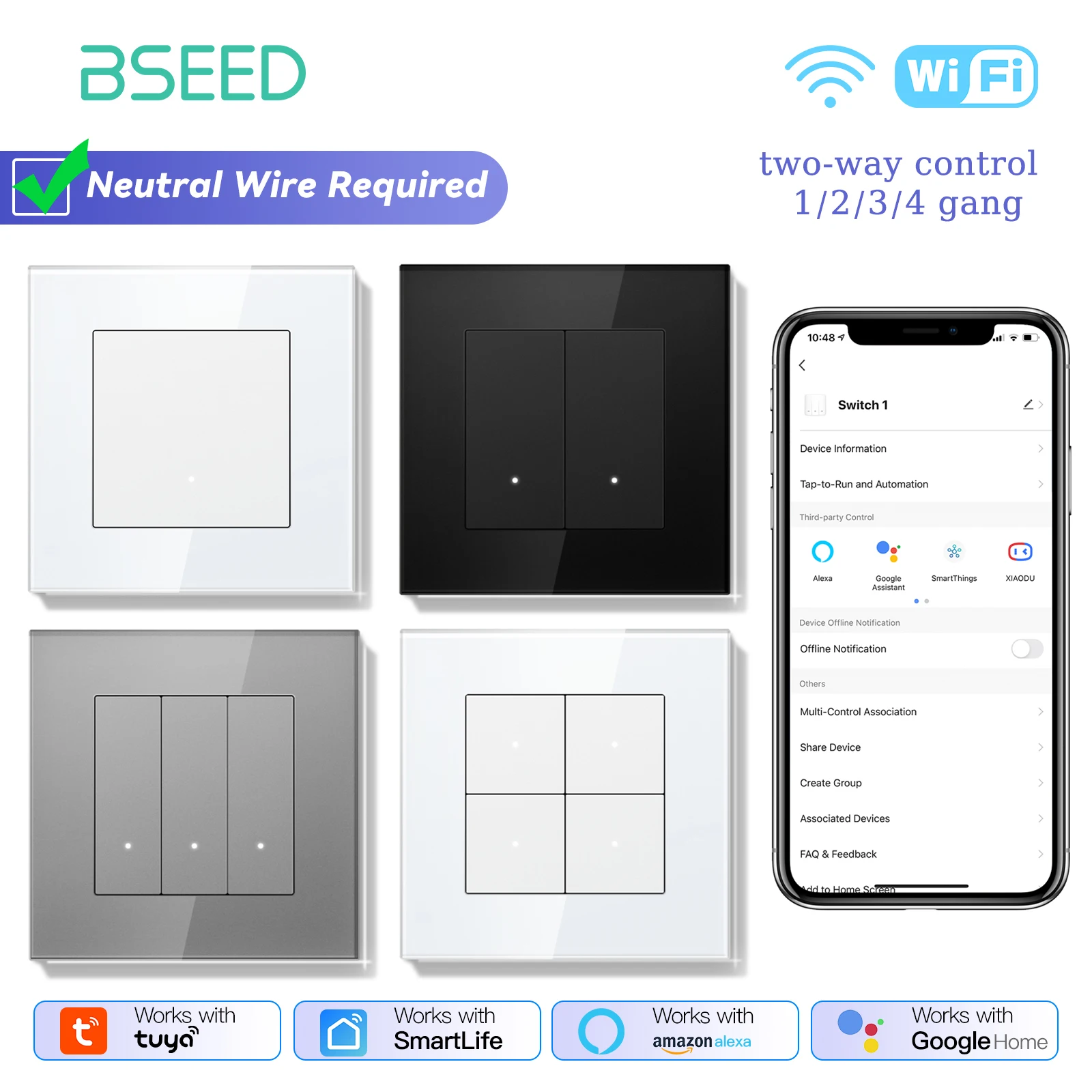 BSEED WIFI Button Switch 1/2/3/4Gang 2Way Wifi Smart Click Switch Glass Panel LED Indicator Tuya Smart Life Alexa Voice Control