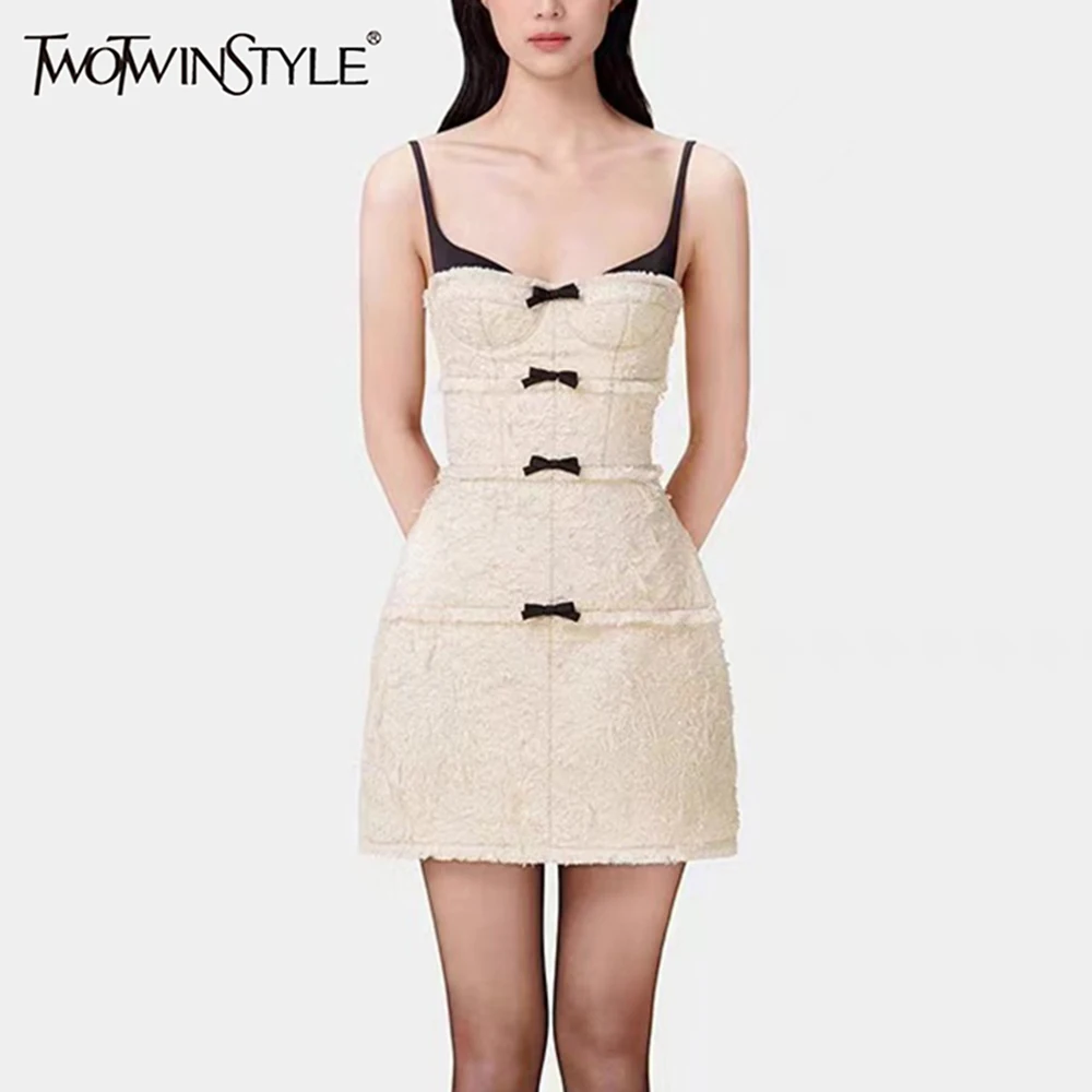 TWOTWINSTYLE Sexy Elegant Dresses For Women Square Collar Sleeveless High Waist Slimming Spliced Bowknot Mini Dress Female New