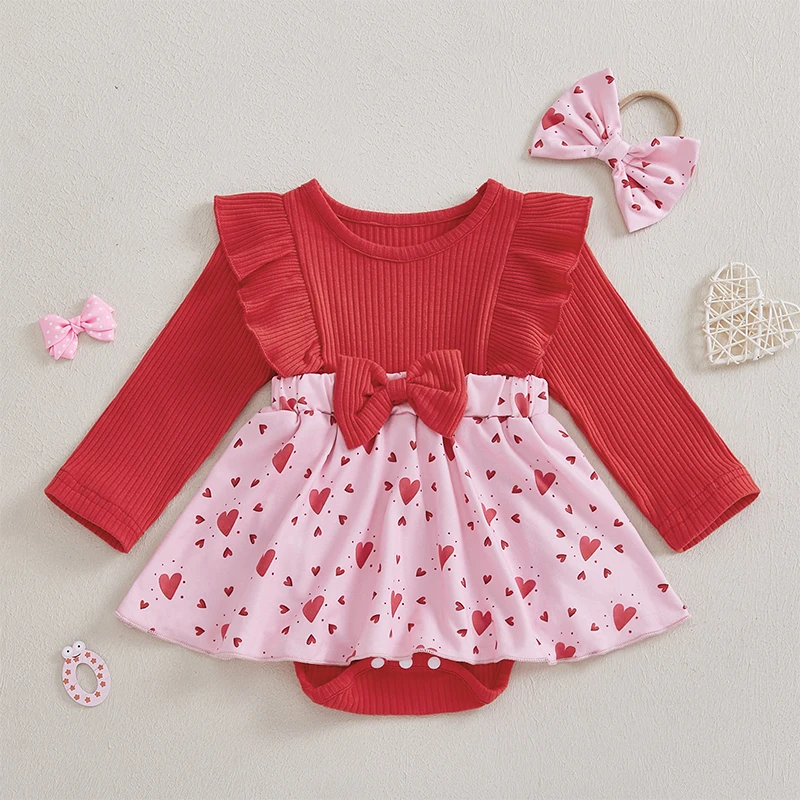 Newborn Girl Outfit Long Sleeve Crew Neck Heart Print A-line Romper Dress with Bowknot Headband Valentine’s Day Clothes