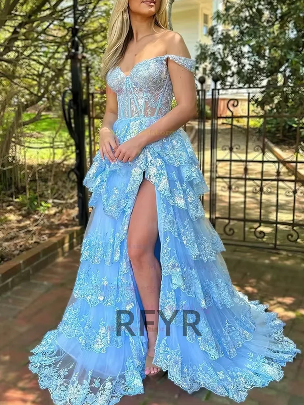 RFYR-vestido de fiesta azul real con purpurina, exquisito vestido de fiesta con capa escalonada, abertura alta y hombros descubiertos, personalizado