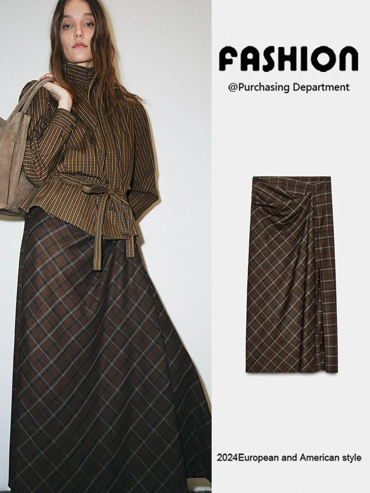 

Весенняя новинка: женская модная юбка в клетку с декоративными складками, универсальная юбка для женщин.