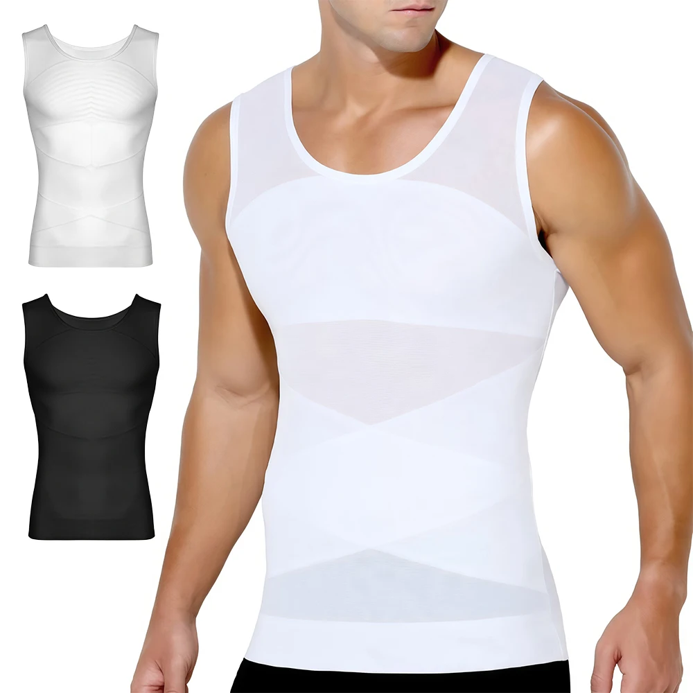 Sleeveless Body Shaper Vest for Men, Mesh Invisible Cross Compression Undershirt,Tummy Control Slimming Shapewear for Beer Belly