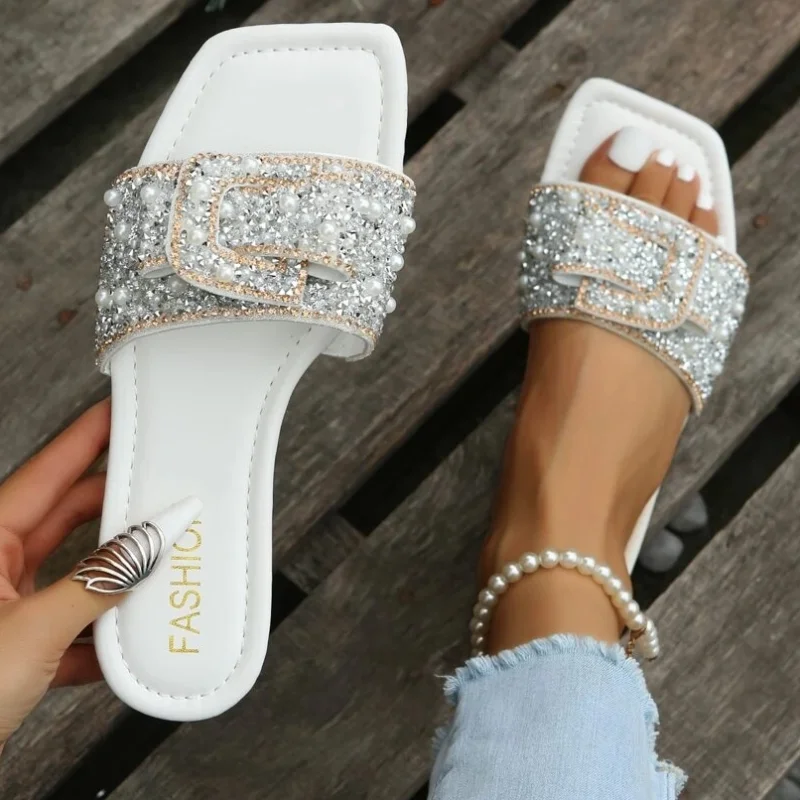 

Women Glass Rhinestone Faux Pearl Decor Flat Sandals Sexy Glamorous Elegant Fashion Party Slides Summer Office Ladies New Shoes