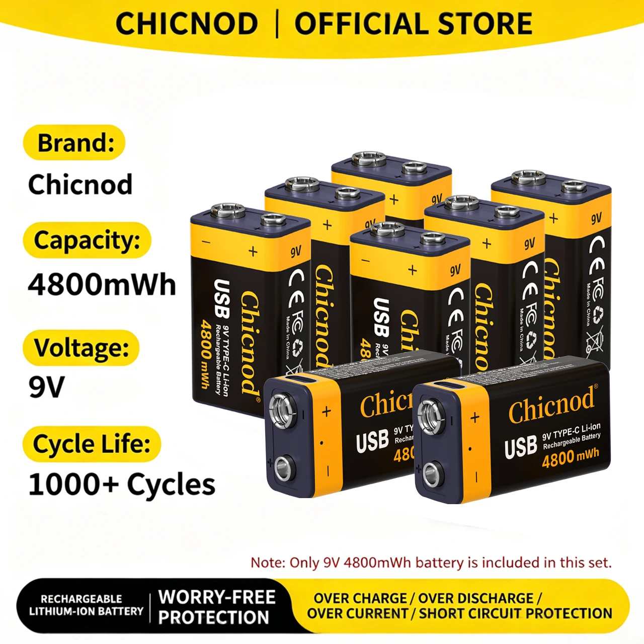 Akumulator litowy Chicnod 9V 4800mWh z ładowarką USB typu C, wbudowana ładowarka do pedałów gitarowych i multimetrów