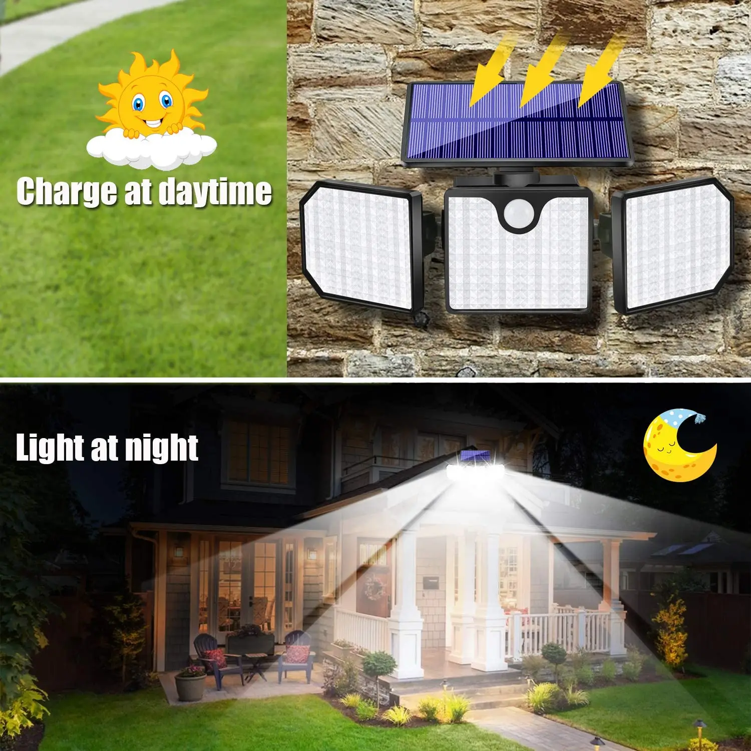 Upgrade Solar Security Lights Outdoor, 230 LED Super Bright Adjustable 360° 3 Heads with 2 Modes, Wireless Motion Sensor