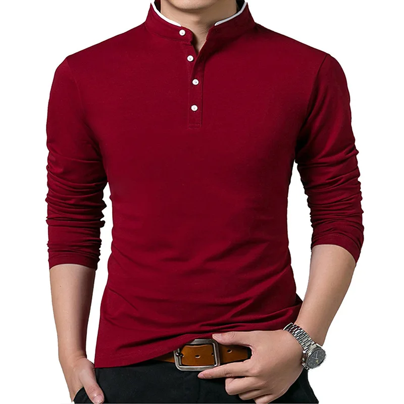 Spring Summer Men's Solid Color Long Sleeve Cotton T-shirt Fashion Business Casual Stand Collar Polo Shirt Slim Bottoming Shirt