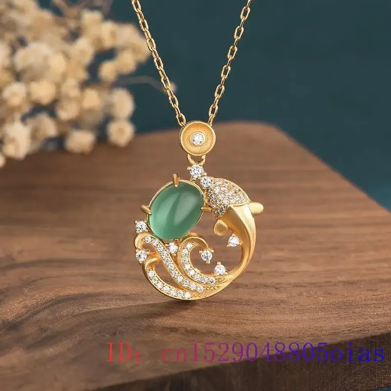 Jade Carp Pendant Gifts Necklace Zircon Fish Women Gemstone Natural Fashion Chinese Chalcedony 925 Silver Charm Jewelry Amulet