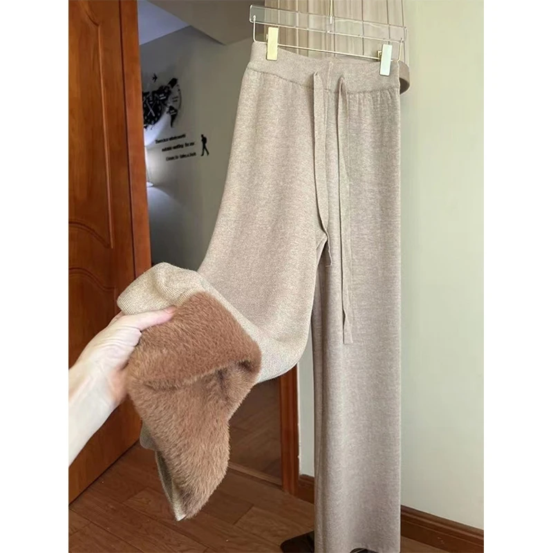 Fleece Knitted Pants Women Fashion Black Baggy Wide Leg Pants Autumn Winter Ladies Korean High Waist Warm Straight Trousers New