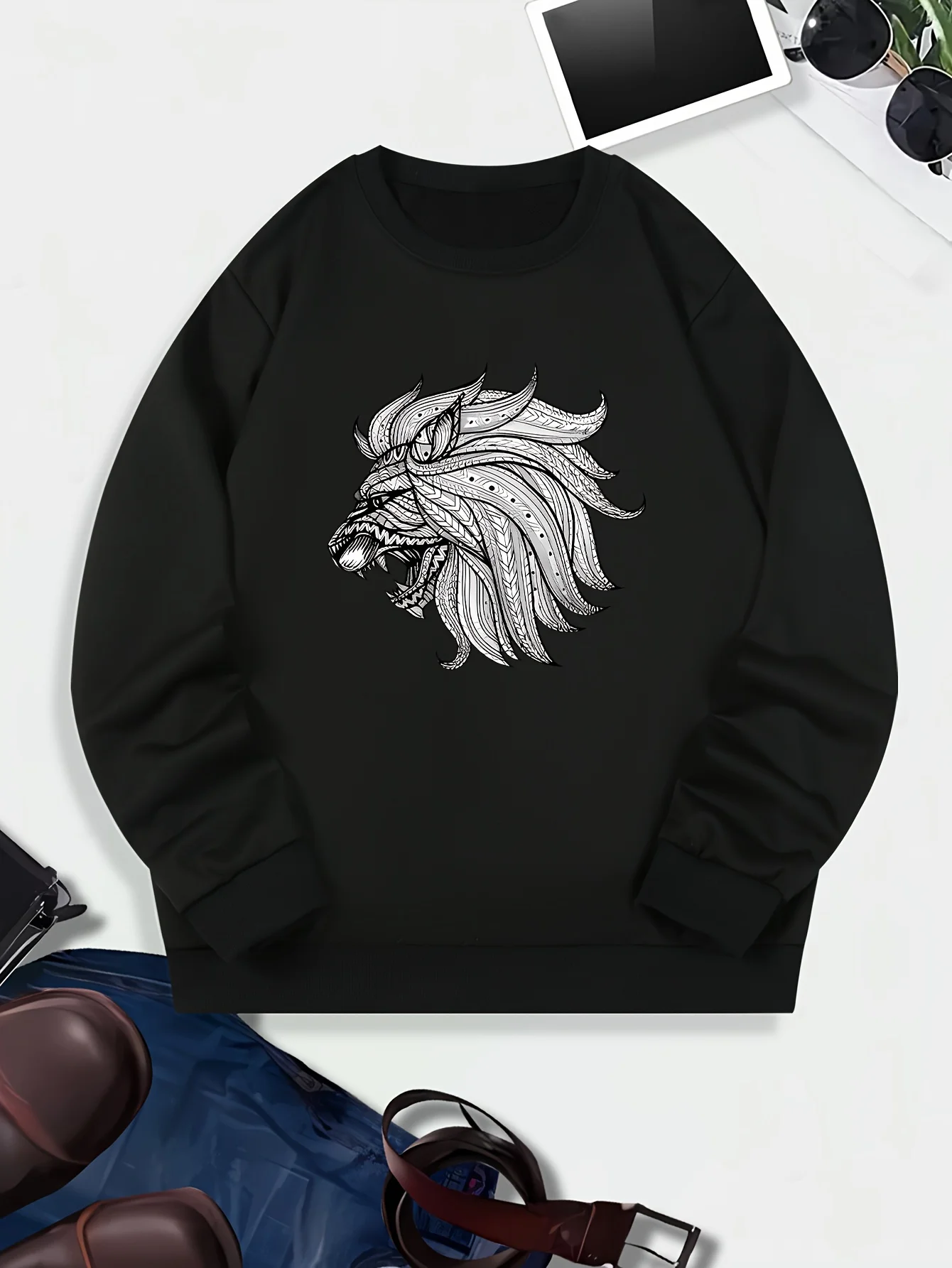 

Художественный стиль с принтом головы льва, мужская стильная и модная и уютная толстовка с длинными рукавами, универсальный пуловер с круглым вырезом