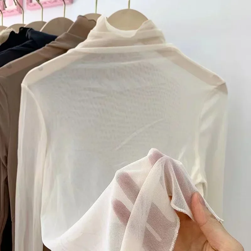 2024 New Girls Mesh T Shirts Tees Female Spring Summer Transparent Full Sleeve Turtleneck Thin Shirt Tops Undershirts Women Gift