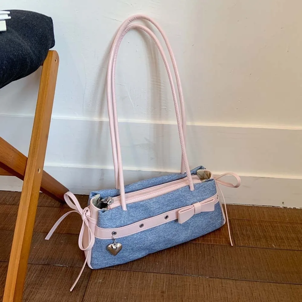 Doce francês vara bolsa fita contraste cor arco pu bolsa de ombro estilo coreano grande capacidade denim axilas sacos viagem