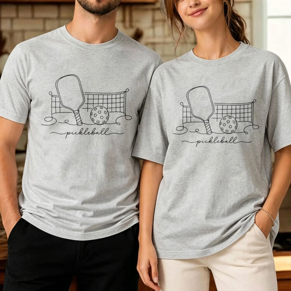 Minimalist One Line Drawing Pickleball Paddle Net and Ball Handwritten Script Print Cotton T Shirt Unisex Simple Sports Gift Top