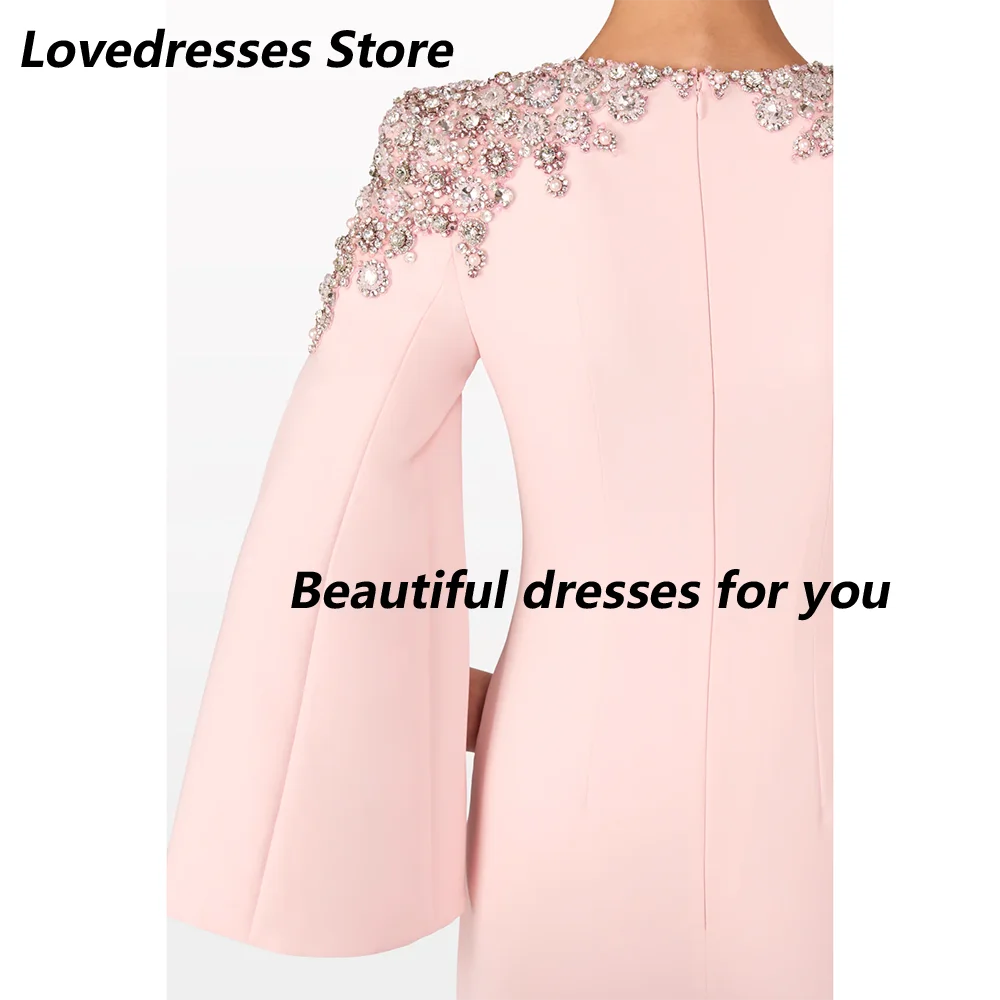 Vestido de noite luxuoso, cristal, gola redonda, mangas compridas, sereia, vestidos de noite para mulheres, trompete rosa, vestidos de festa formais personalizados