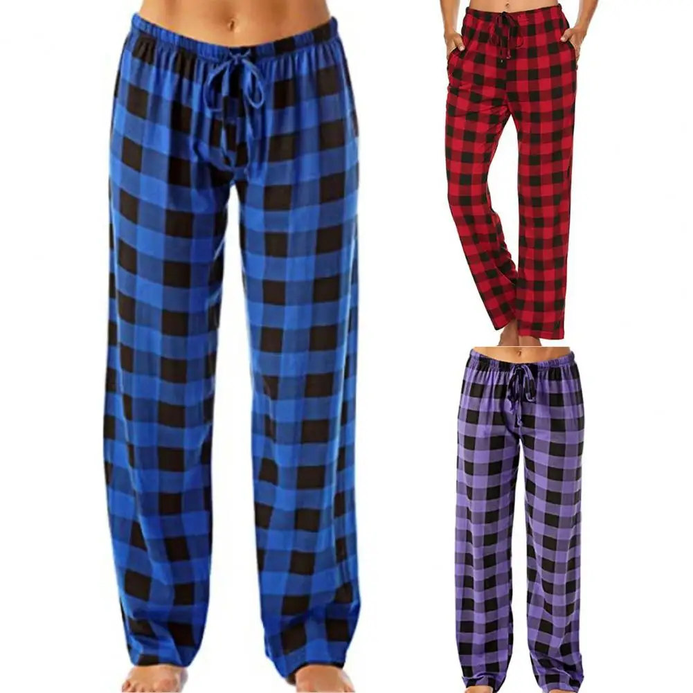 Pantalones de dormir a cuadros universales, ropa de dormir, pantalones elásticos con cordón, piernas anchas, diseño de cordón