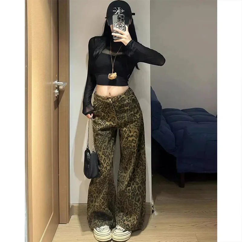 American Retro High Street Wide-leg Leopard Print Design Jeans Loose High-waisted Straight-leg Floor Pants