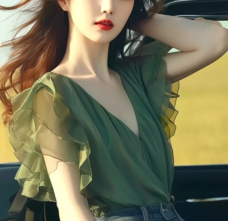 

Summer Western Design with Green Lotus Leaf Sleeves Chiffon Sleeveless Shirt for Women's Elegant Summer Chiffon Top