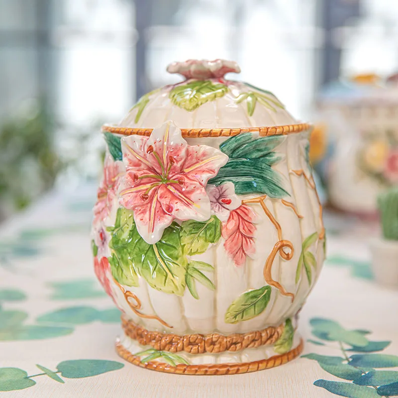 Royal Baroque Ceramic Canister Floral Relief Candy & Coffee Organizer for Pantry, Farmhouse Countertop Display Jars