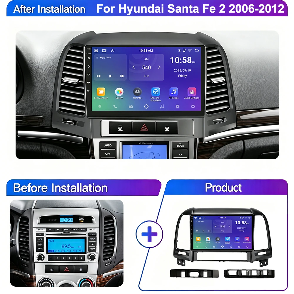 9 Inch Car Radio For Hyundai Santa Fe 2 2006-2012 Multimedia Video Player Wireless CarPlay Android Auto GPS Navigation 2 DIN HU