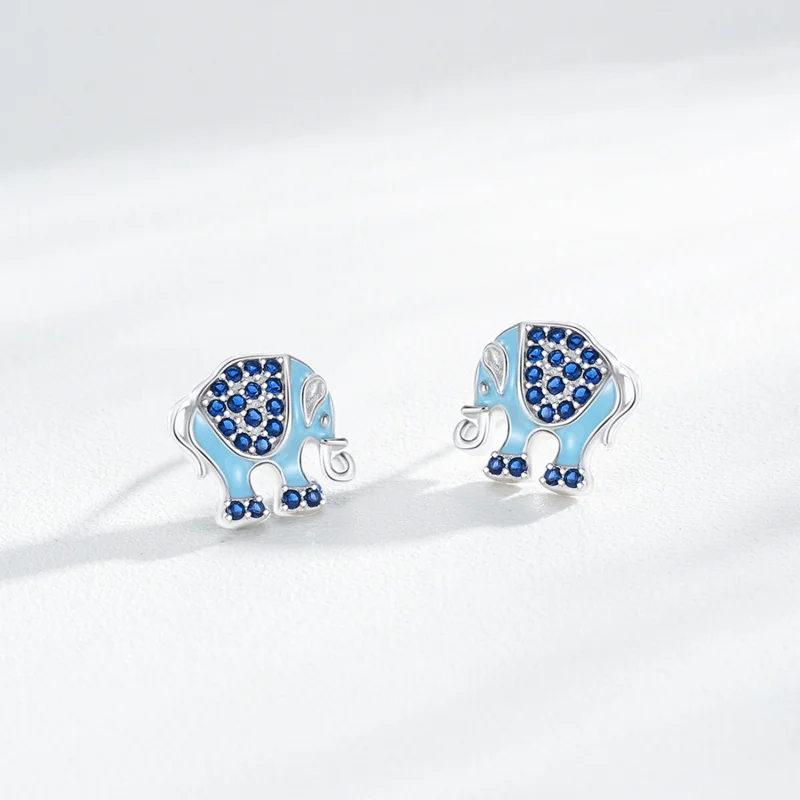 【Mirrordust】Srebrne kolczyki sztyfty S925 z mikro-inkrustowanymi cyrkoniami w kształcie słonia dla kobiet, niszowe kolczyki emaliowane ze zwierzętami