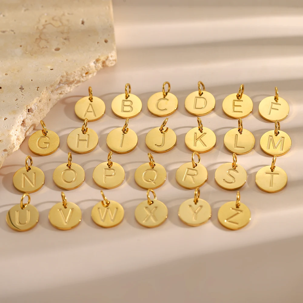 High Quality A-Z 26 Letters Charms Coin Stainless Steel Gold Plated Waterproof Round Pendant Fashion Jewelry Accessories