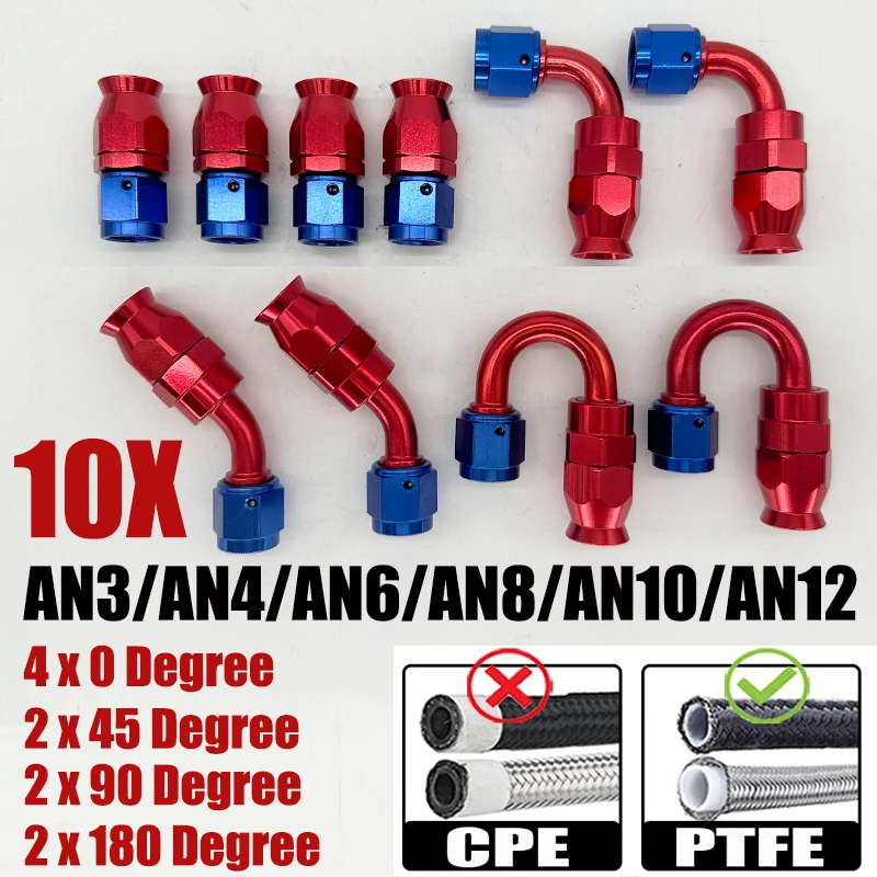 10Pcs 3AN 4AN 6AN 8AN 10AN 12AN 4x0° 2x45° 2x90° 2x180° Degree Swivel Hose End Fittings Adapter For PTFE E85 Oil Fuel Gas Line