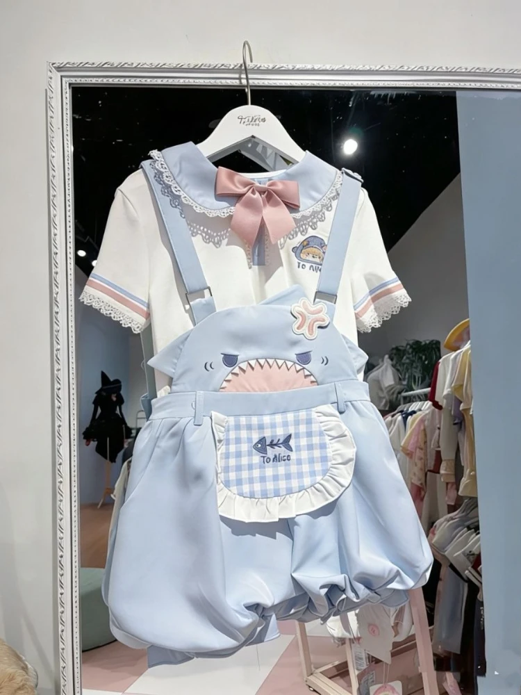 Sweet Lolita Kawaii Blue White Pink 2 Piece Set Lace Ruffle Bow Plaid Pocket Shark Bloomers Overalls For Teen Girls Daily Wear view 3