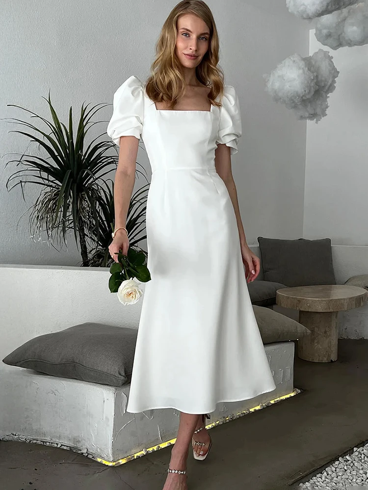 

Talenza Summer White Dress Elegant Puff Sleeves New Slim High-Waisted Patchwork Dress Casual Party Vacation Women's Long Dress