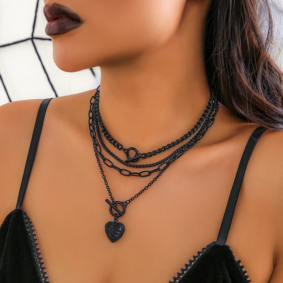 IngeSight.Z Gothic Multilayer Black OT Buckle Peach Heart Pendant Necklace Set  Women Punk Cuban Link Clavicle Chain Halloween