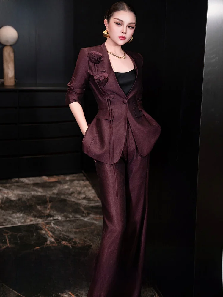

Red Suit Set Women's Elegant High-End Autumn Fashion Wide Leg Pants Two-Piece Set Business Casual Polyester Fiber Long Sleeve