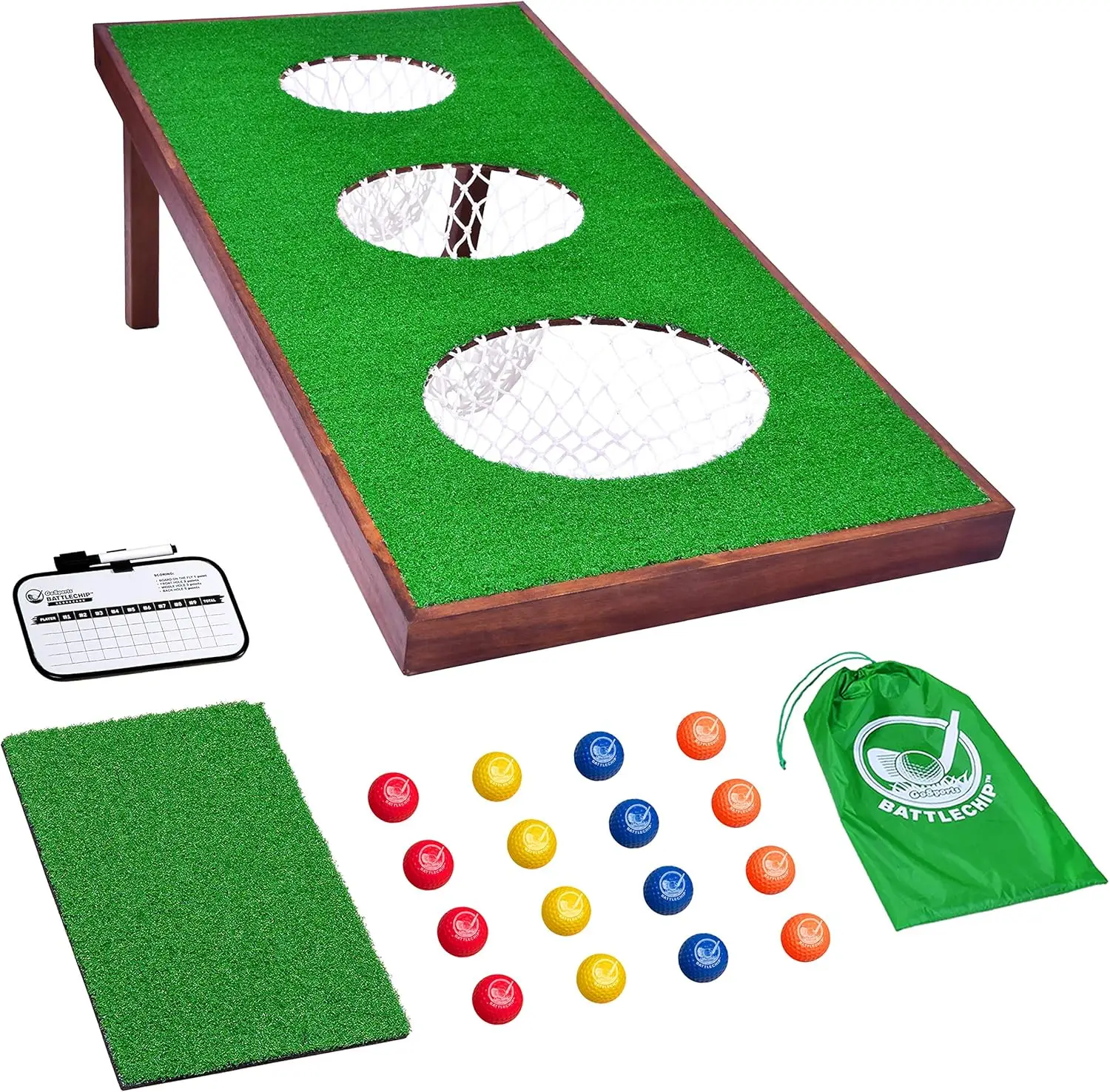 BattleChip PRO Golf Cornhole Game - Includes 4 ft x 2 ft Chipping Target, 16 Foam Balls, Hitting Mat, and Scorecard