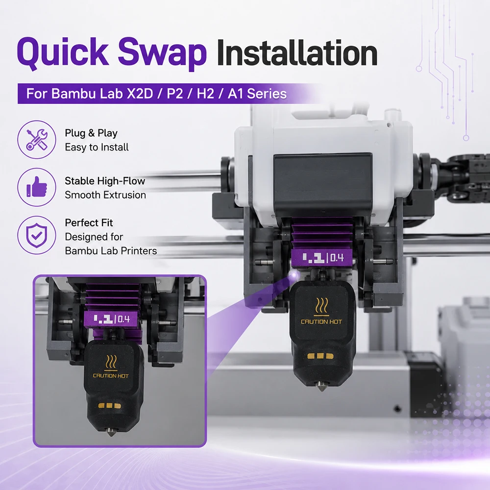 Toaiot Hotend do Bambu Lab A1 X2D Hotend A2L Hotend A1 H2C P2S H2D H2S Ulepszenie dyszy, odporność na przywieranie filamentu, wysoka twardość, trwałość — zdjęcie produktu 2