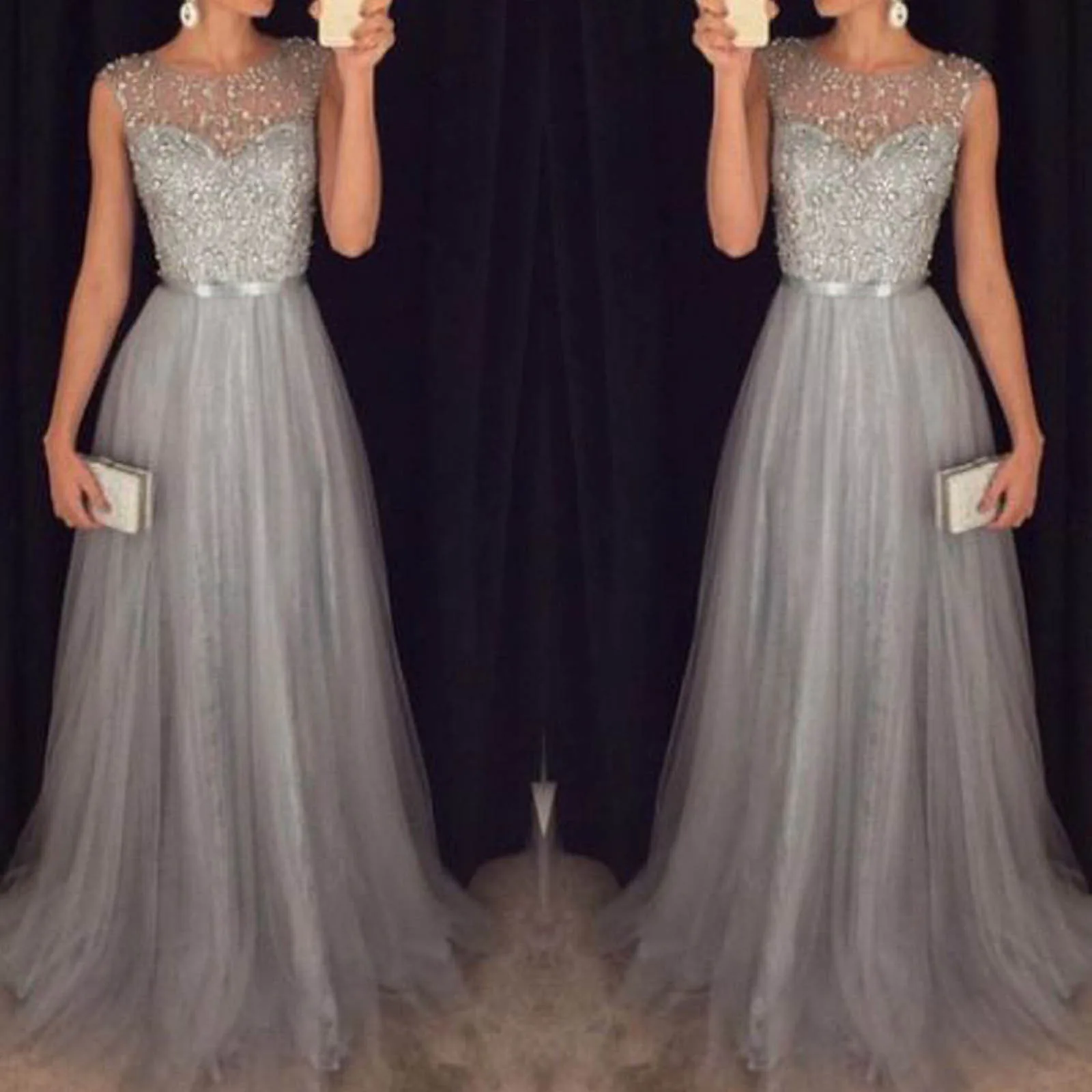 Women Formal Long Lace Dress High Waist Sleeveless Elegant Dress Evening Party Prom Cocktail Dress Bridesmaid Wedding Gown