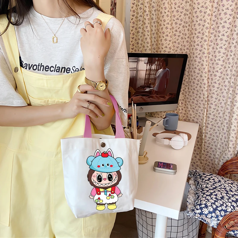 POP MART Labubu Canvas Handbags for Women Anime Cartoon Printing Tote-bag Students Commute Portable Cute Shopping Bags